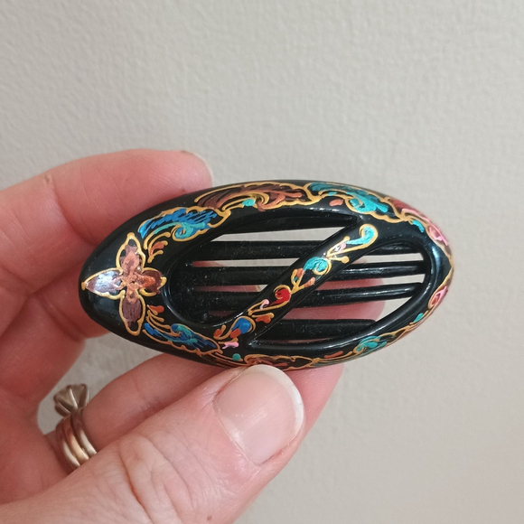 Vintage Set Of Hand Painted Black Plastic Hair Clips Slide Bow - Picture 4 of 6